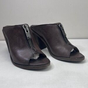 Frye Izzy Womens Brown Leather Front‎ Zip Moto Peep Toe Block Heel Mules 6